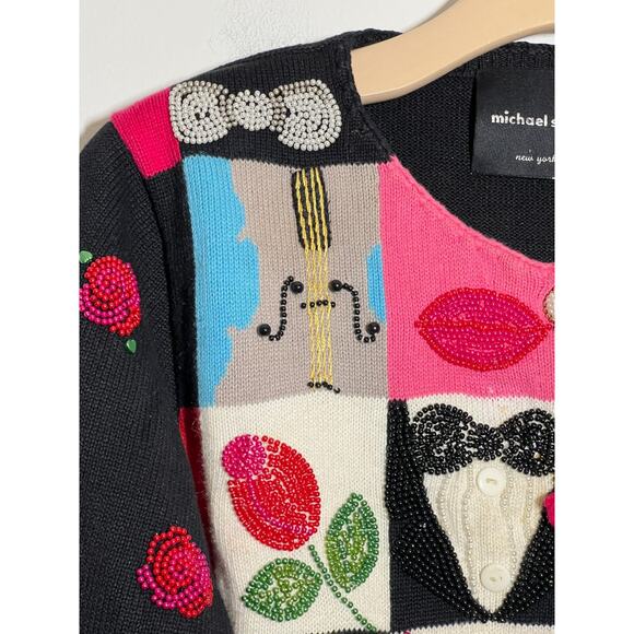 Michael Simon 90s VTG Beaded Novelty Celebration Colorblock Opera NYE Sweater L - Picture 2 of 10
